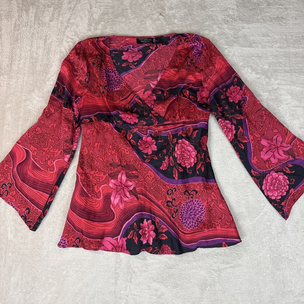 VTG Womens 100% Silk Bell Sleeve Floral Babydoll Top L Romantic Goth Vampy Y2K